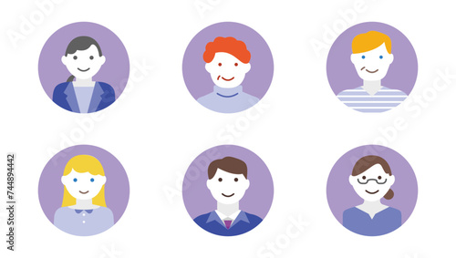 Set of flat design vector illustrations of men and women. Colorful characters in circles, person icons with diverse face, abstract modern young art. Trendy heads for forum or blog users profile. 