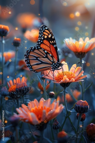 A butterfly delicately sits on top of a colorful flower petal, displaying a beautiful contrast of colors and textures.