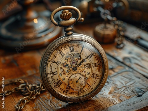 A detailed close-up shot of a classic pocket watch placed on a wooden table.