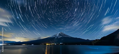 A county lake nightscape, a night sky and a mount Fuji styled mountain. Night skies over the land of the rising sun. 