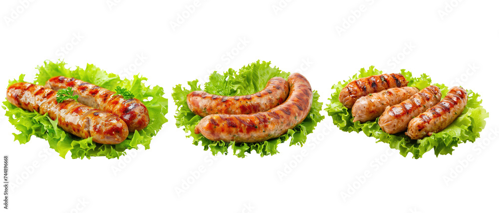 Grilled chicken sausage with lettuce isolated on transparent background