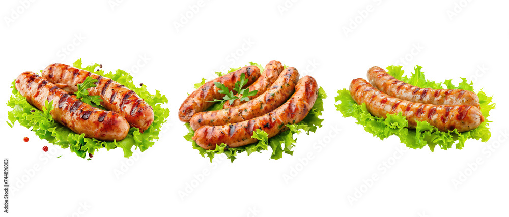 Grilled chicken sausage with lettuce isolated on transparent background Grilled chicken sausage with lettuce isolated on transparent background