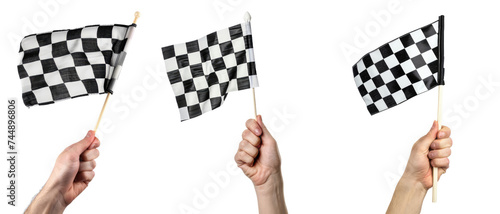 Hand holding racing flag over isolated transparent background © LivroomStudio