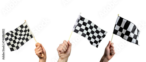 Hand holding racing flag over isolated transparent background