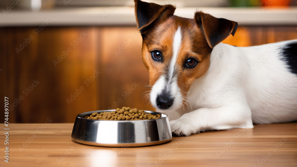 A vigilant Jack Russell Terrier gazes eagerly, anticipating a meal from a brimming bowl of kibble atop a polished wooden surface. - obrazy, fototapety, plakaty 