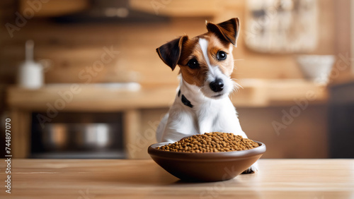 A vigilant Jack Russell Terrier gazes eagerly, anticipating a meal from a brimming bowl of kibble atop a polished wooden surface. © aiartth