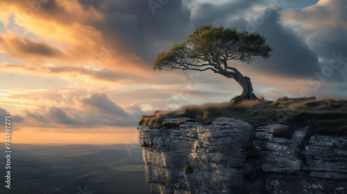 A resistência solitária a árvore firme frente aos elementos acolhendo o céu dramático em um cenário de determinação