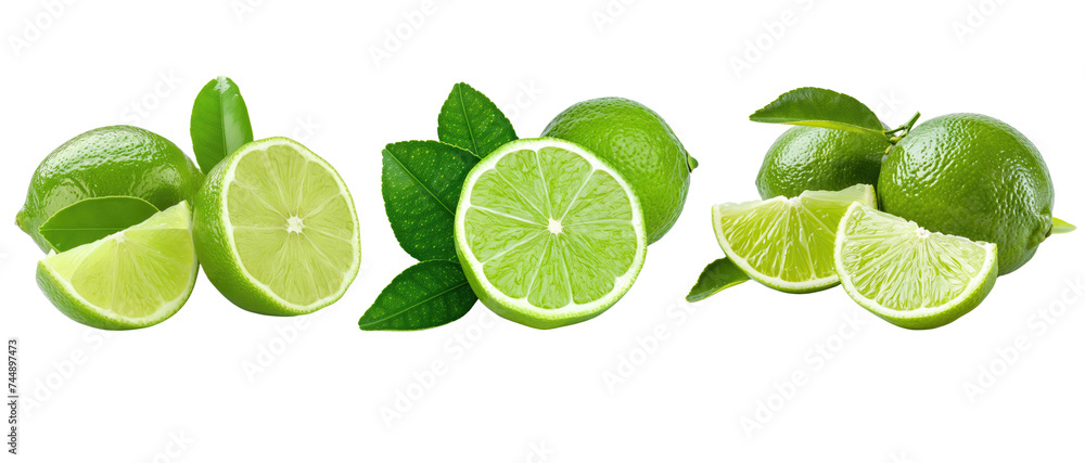 Fresh green lime slices and leaves on transparent background
