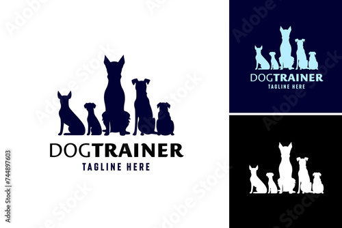 Close up dog trainer logo with group of dogs suitable for pet training services advertising, dog care business, or animal obedience courses.