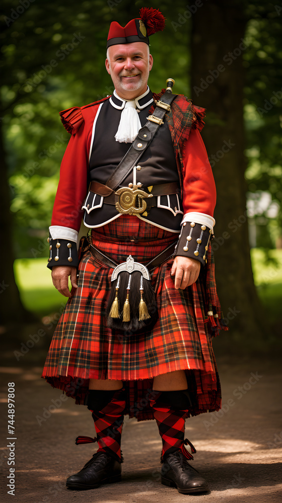 Scottish Highlands Regalia: A Vivid Display of Traditional Great British Clothing amid Historic Cobblestone Streets