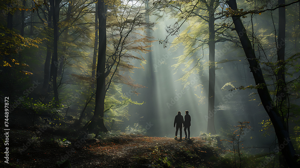 Dois personagens em meio à serenidade de uma floresta nebulosa envoltos pela luz solar filtrada exibem vulnerabilidade e força - obrazy, fototapety, plakaty 