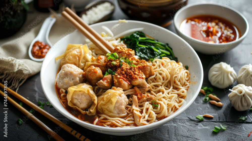 Indonesian Chicken Noodles. Chicken noodles in white bowl and wooden chopsticks on natural background with chicken pieces, chicken feet, green mustard, meatballs, boiled dumplings, sauce. Indonesian Chicken Noodles. Chicken noodles in white bowl and wooden chopsticks on natural background with chicken pieces, chicken feet, green mustard, meatballs, boiled dumplings, sauce.
