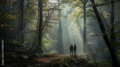 Dois personagens em meio à serenidade de uma floresta nebulosa envoltos pela luz solar filtrada exibem vulnerabilidade e força