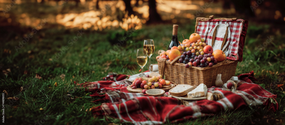 Picnic in the park. Picnic basket with wine, cheese, grapes, plaid and bread