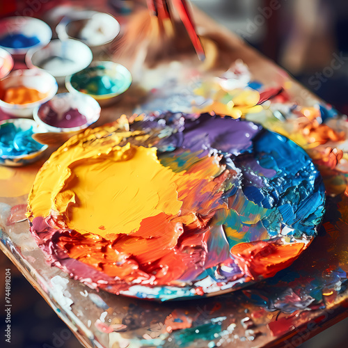 A close-up of a painters palette with vibrant colors