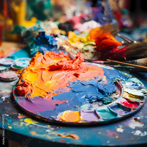 A close-up of a painters palette with vibrant colors