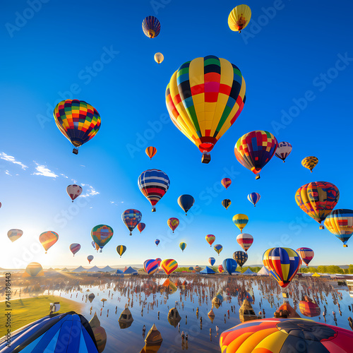 A colorful hot air balloon festival in a clear blue sky