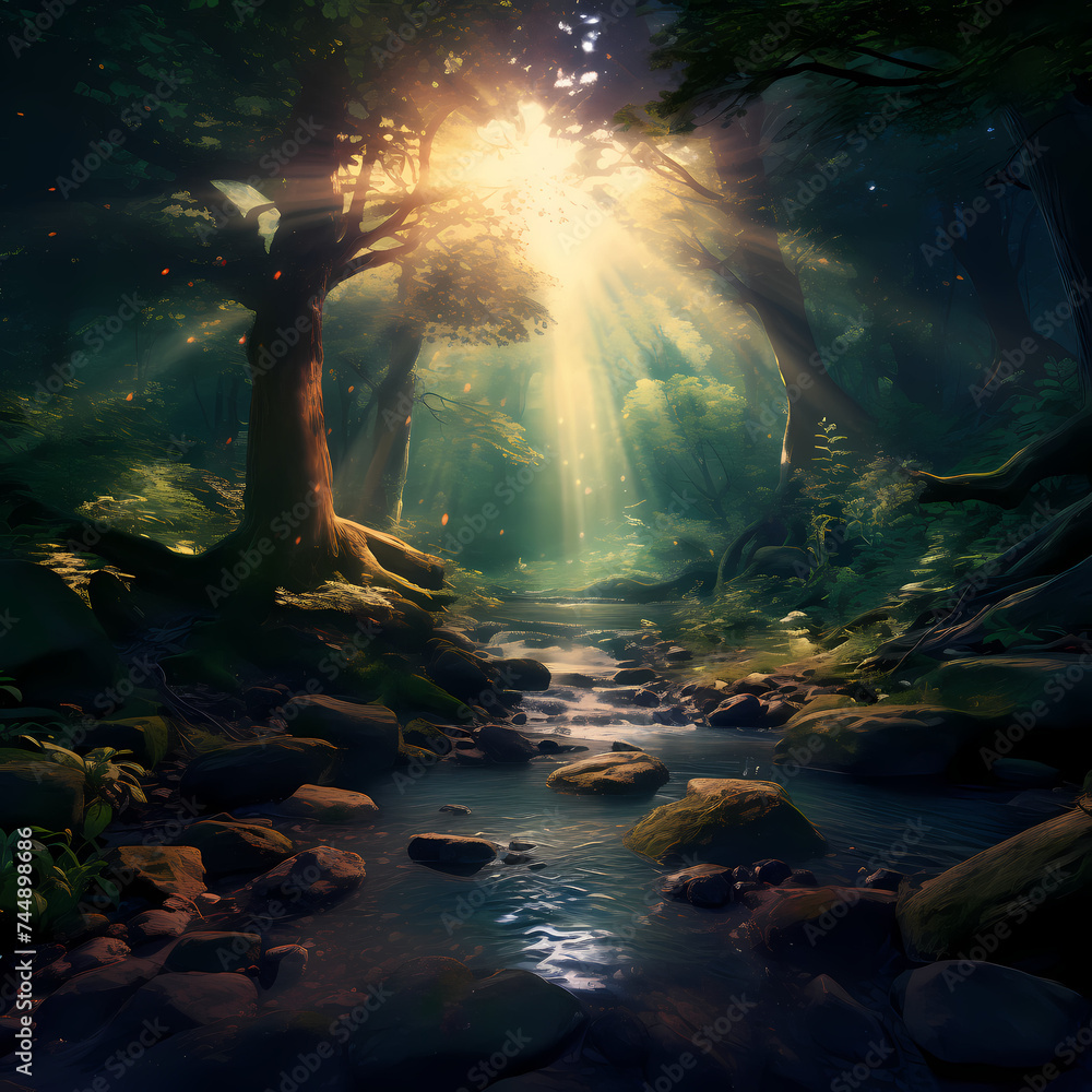 A dreamlike forest with ethereal light filtering through the leaves