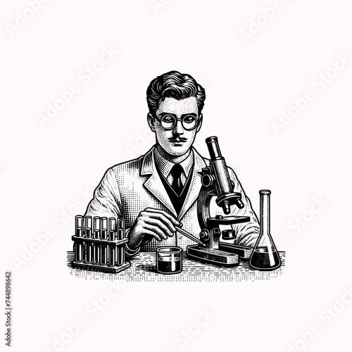 man in lab do experiment with microscope and chemical scientist examine vector illustration photo