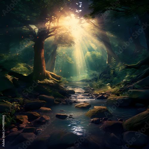 A dreamlike forest with ethereal light filtering through the leaves