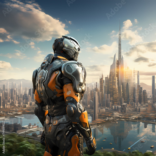 A futuristic robot with a city skyline in the background