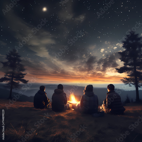 A group of friends stargazing around a campfire.