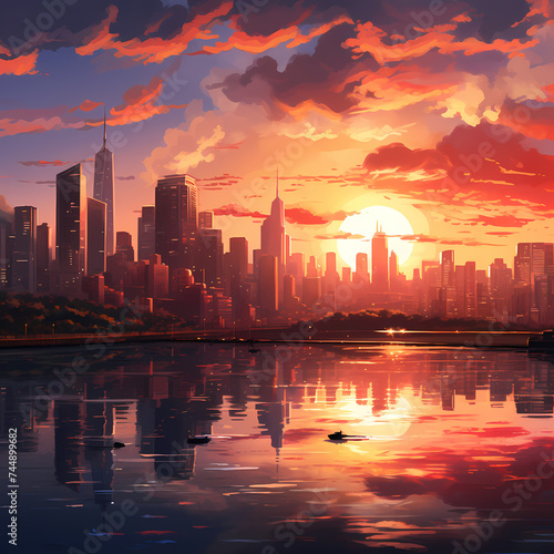 A serene sunset over a city skyline. 