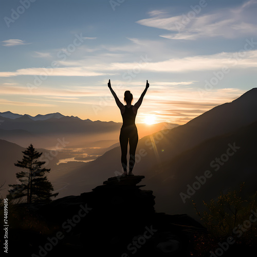 A silhouette of a person practicing yoga on a mountain