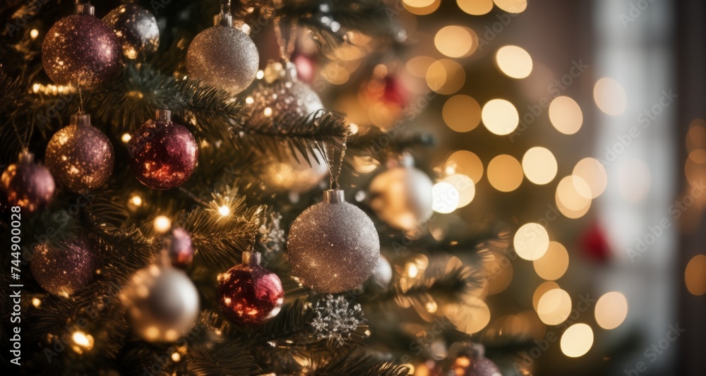 Merry Christmas - A close-up of a beautifully decorated Christmas tree with twinkling lights and ornaments Merry Christmas - A close-up of a beautifully decorated Christmas tree with twinkling lights and ornaments