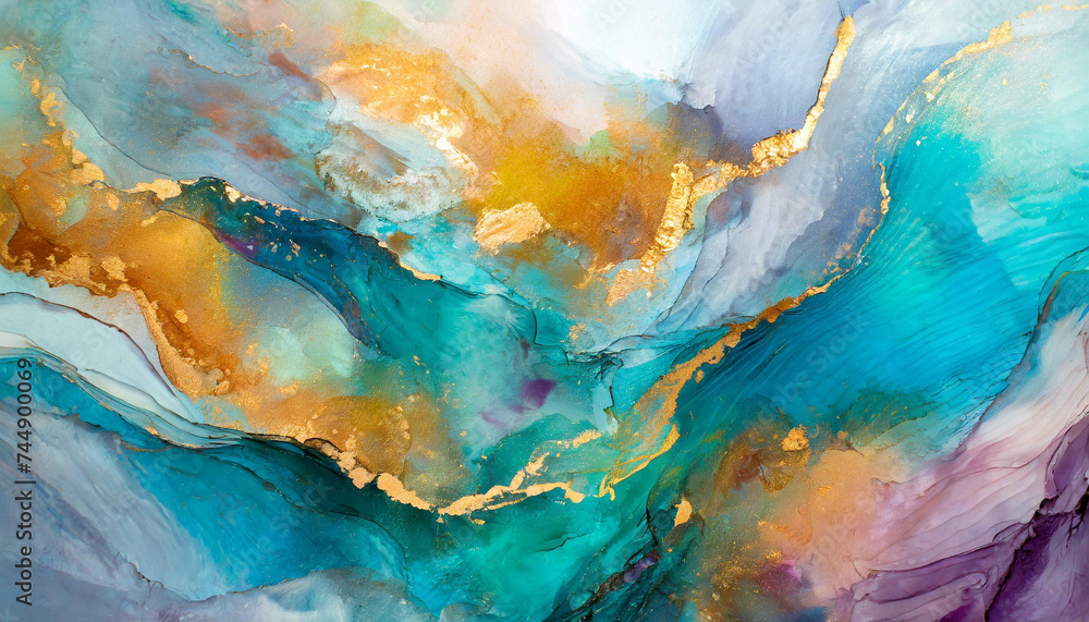 Currents of translucent hues, snaking metallic swirls, and foamy sprays of color shape the landscape of these free-flowing textures. Natural luxury abstract fluid art painting in alcohol ink technique - obrazy, fototapety, plakaty 