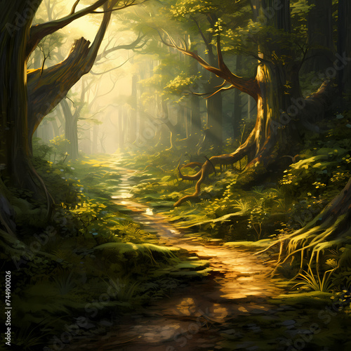 A tranquil forest scene with a winding path. © Cao