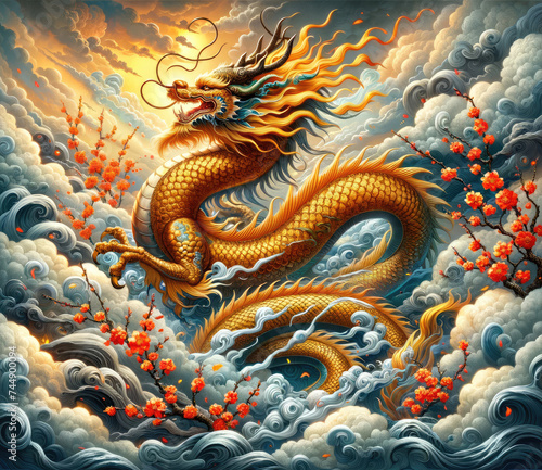 Golden Dragon in Traditional Asian Mythology Art © Preyanuch