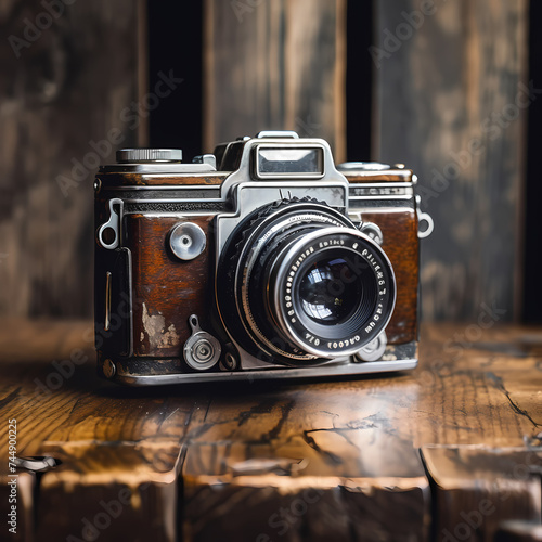 A vintage film camera on a rustic wooden table.