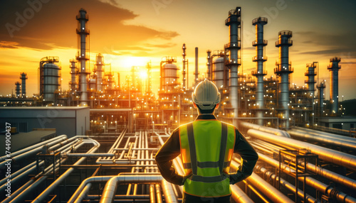 Back view of a male engineer in a safety vest and helmet surveying a vast petrochemical industrial plant during sunset.