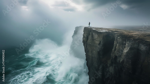 Resistência e esperança pessoa firme no alto de um penhasco diante do mar tempestuoso enfrentando desafios com determinação
