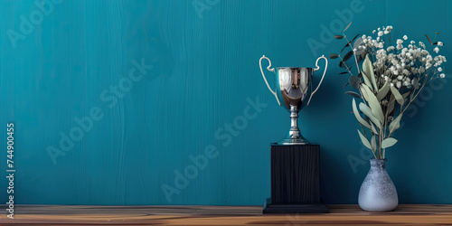 silver trophy and and a vase of flowers on blue background  #744900455