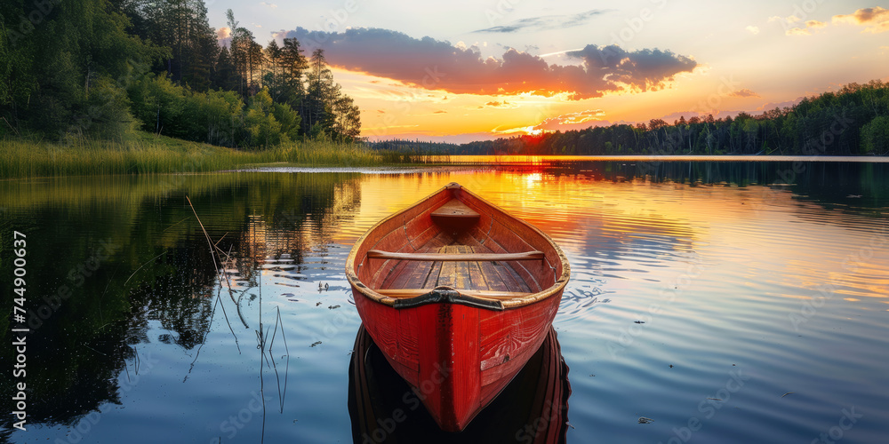 Serene Sunset View with Red Boat.
Calm lake at sunset with a red canoe in the foreground. - obrazy, fototapety, plakaty 