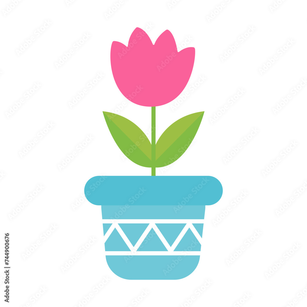 Flower in pot in flat style on white background. Trendy graphic template. Greeting card