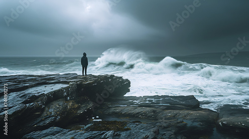 Solidão diante do oceano um retrato de emoções turbulentas e determinação resiliente photo