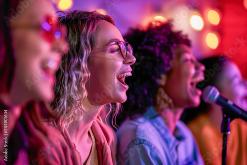Joyful Harmony: Group of Friends Singing Together at a Vibrant Karaoke Party