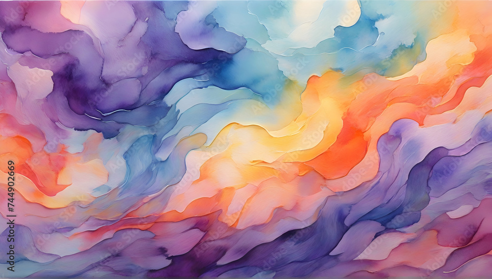 Watercolor abstract background. Smooth transitions iridescent colors. Gradient blue, purple, orange backdrop.