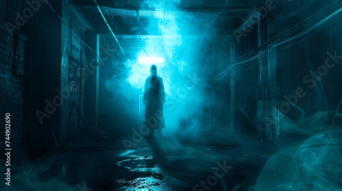 A spectral luminous figure standing in an eerie fluorescent lit room ghostly aura