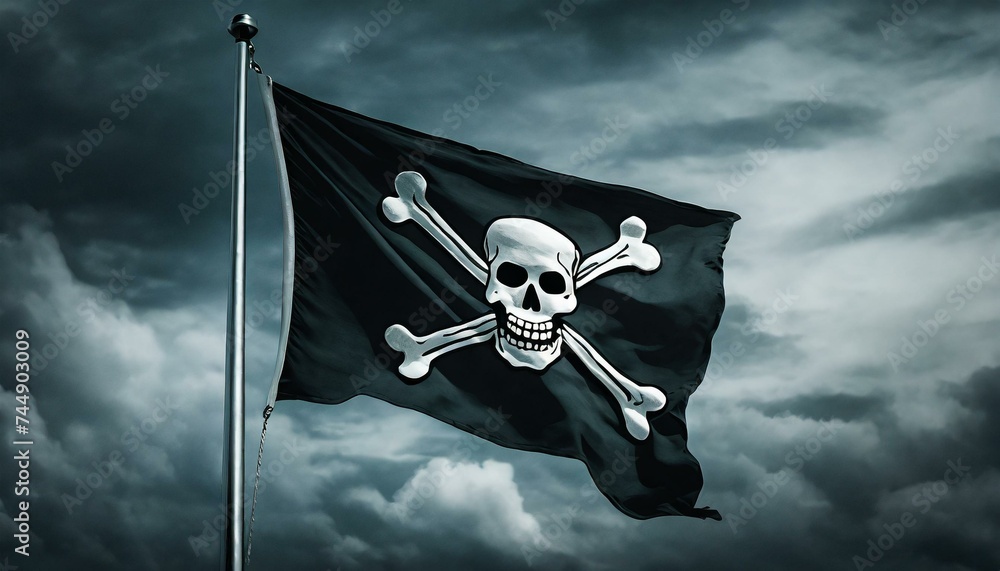 Obraz premium jolly roger pirate flag on skull, Pirate flag with skull and bones waving in the wind, cloudy sky background, jolly roger symbol, dark mysterious hacker and robber concept