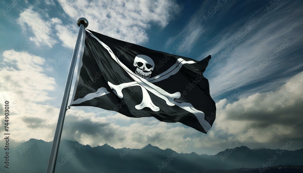 jolly roger flag against sky, Pirate flag with skull and bones waving ...