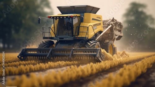 Combine harvester working on a wheat field. 