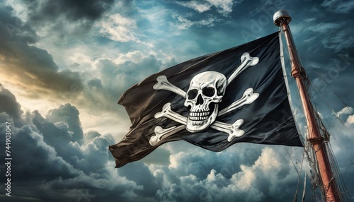 jolly roger pirate flag, wallpaper Pirate flag with skull and bones waving in the wind, cloudy sky background, jolly roger symbol, dark mysterious hacker and robber concept