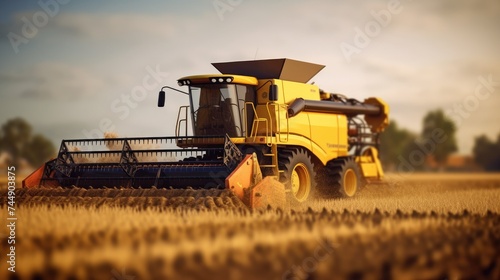 Combine harvester working on a wheat field. 