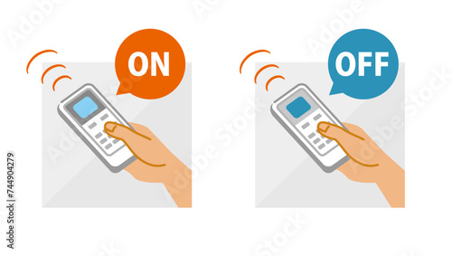 Illustration set of hand holding air conditioner controller with buttons and display, vector on white background. Switching on and off.
