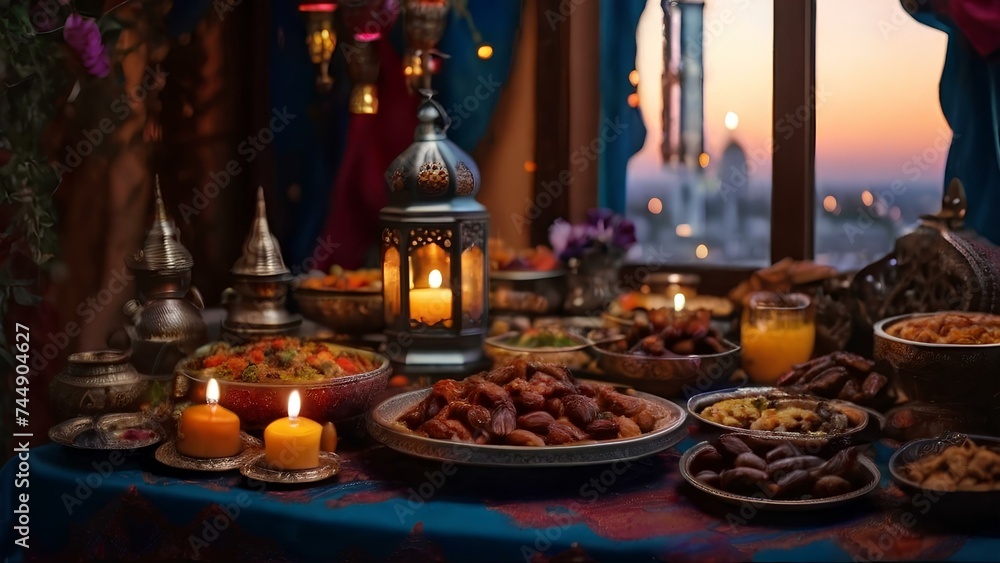 Table full of traditional Ramadan dishes, such as dates, fruits, nuts, bread, and soup. 