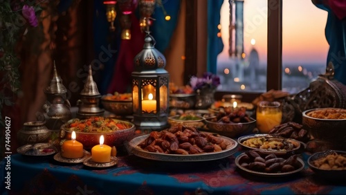 Table full of traditional Ramadan dishes, such as dates, fruits, nuts, bread, and soup. 